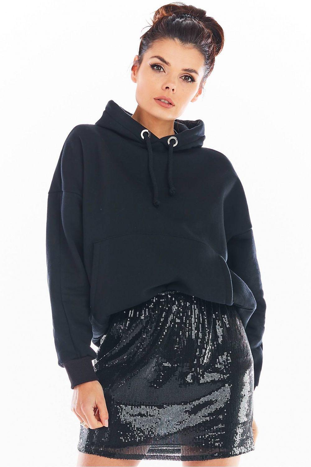 Awama short sequin skirt in dark tones, fitted mini length with full shimmer coverage