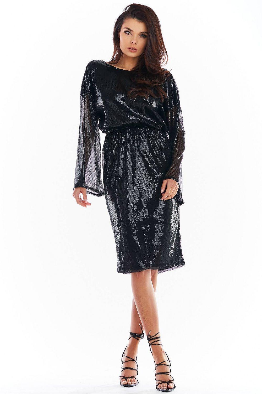 Black sequined midi evening dress with long sheer sleeves and tie waist