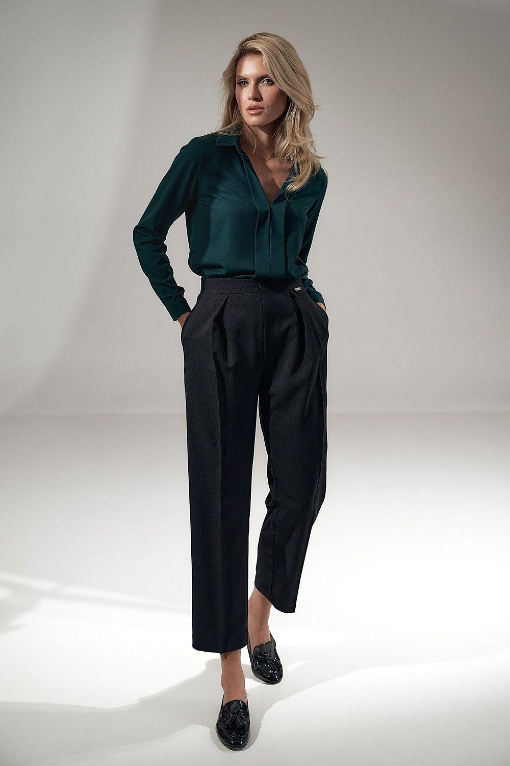 Women’s trousers in dark charcoal, high waist with belt loops, tapered ankle length