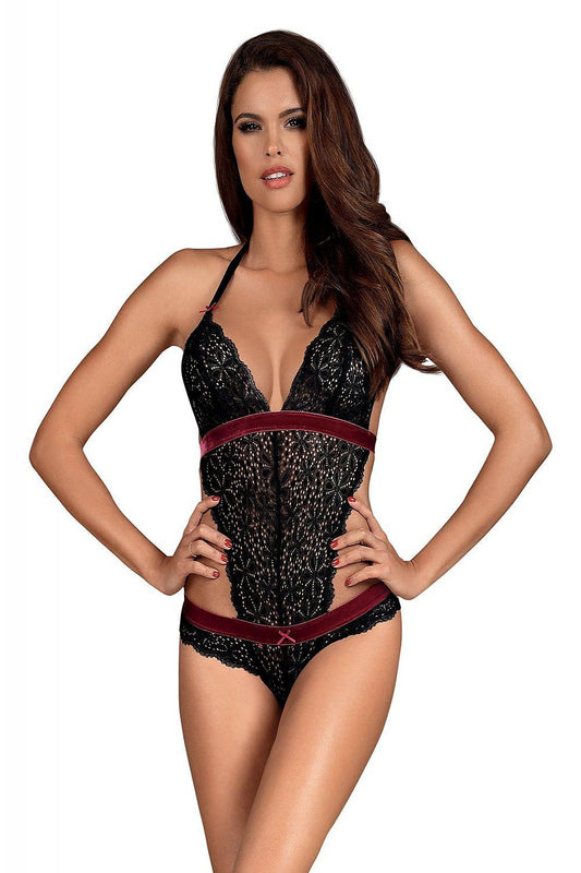 Obsessive shapewear body in black lace with red underbust band and thong cut
