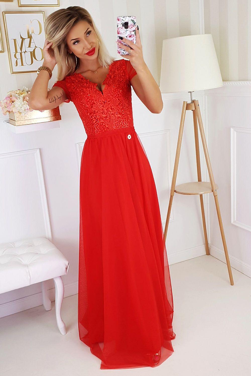 Red long dress with lace bodice and flowing skirt