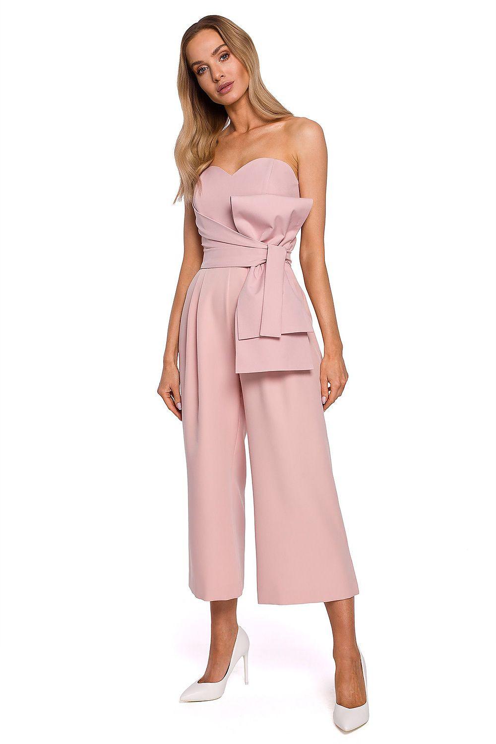 Pink draped bow corset jumpsuit, sweetheart neckline, wide-leg pants