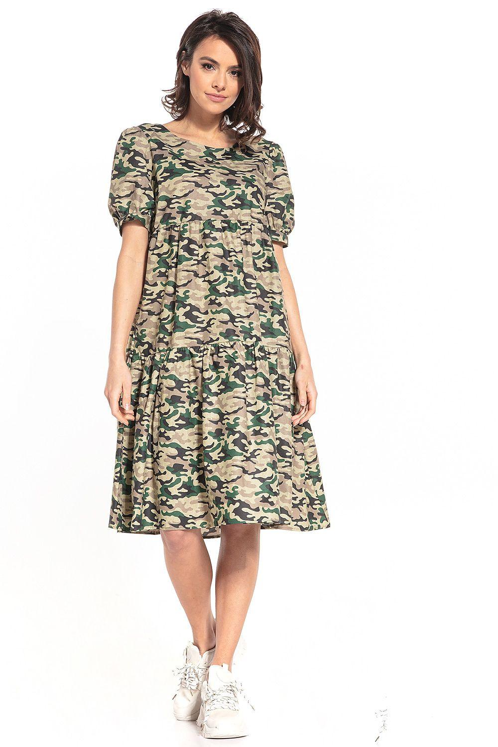 Tessita daydress, short-sleeve camo print, gathered waist, round neckline, above-knee length