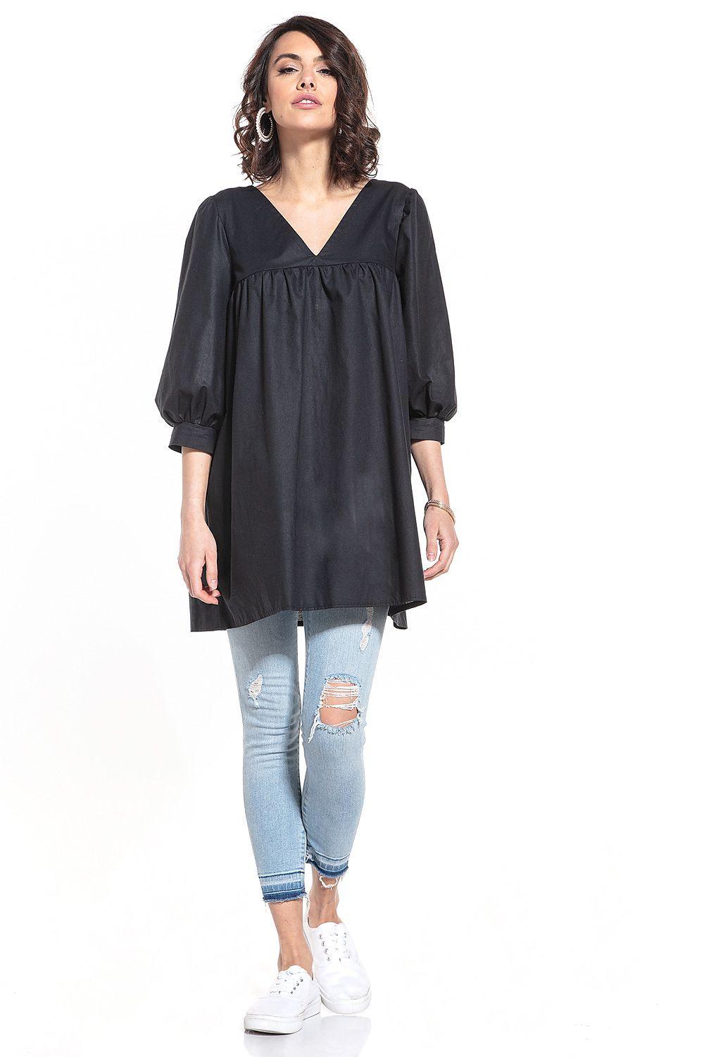 Black V-neck tunic with gathered yoke and 3/4 puff sleeves