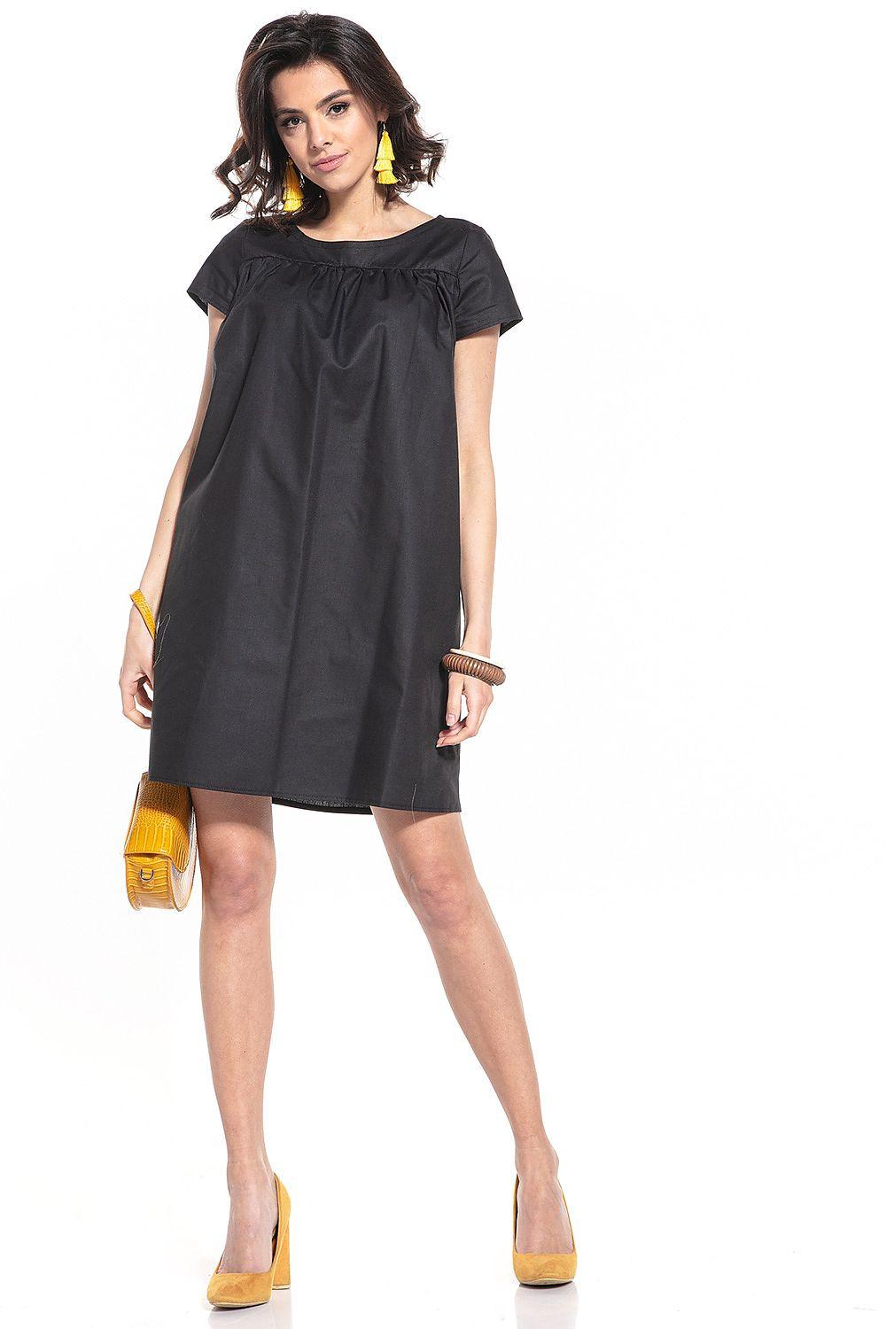 Black short-sleeve daydress with gathered neckline