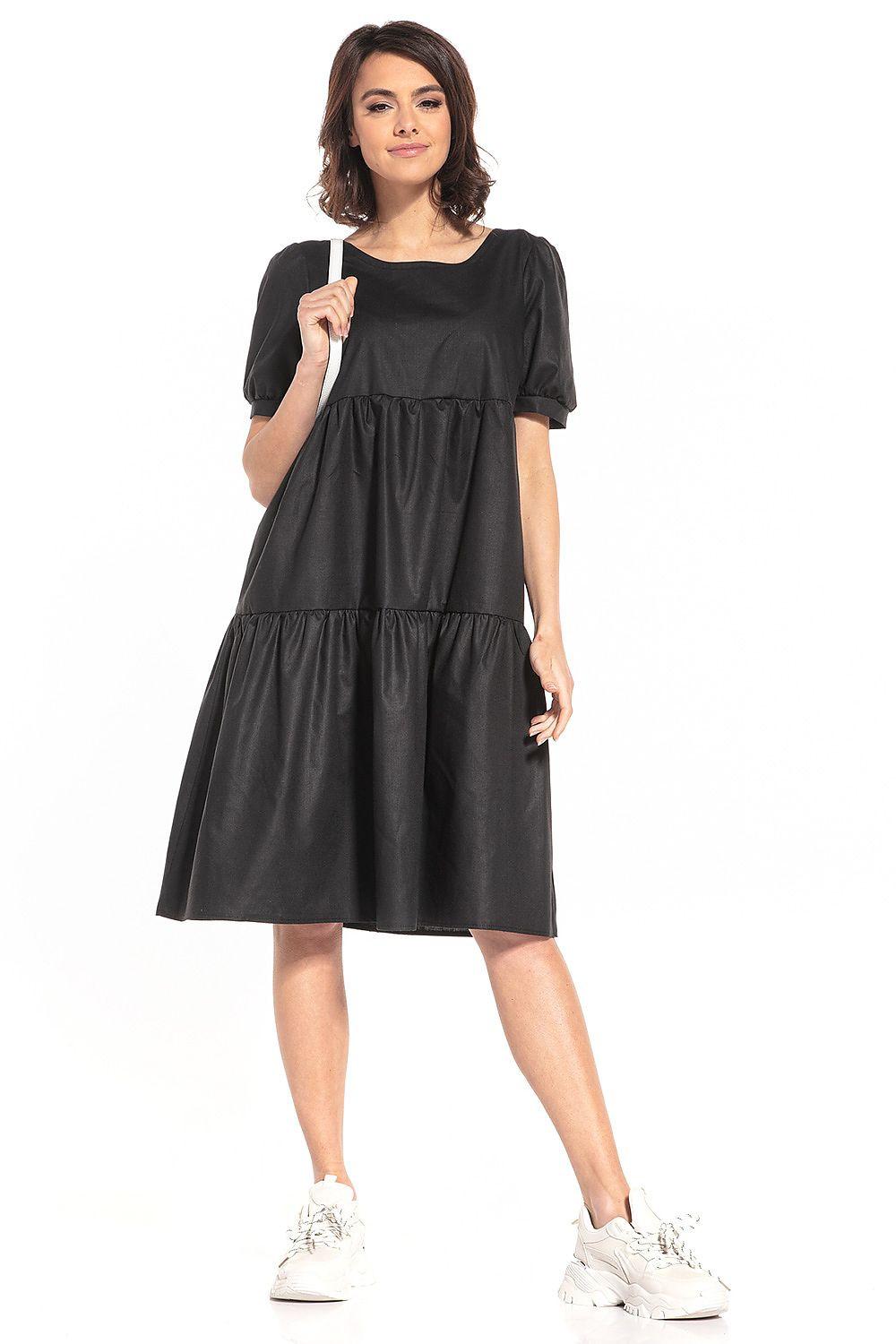 Black tiered daydress with square neckline and short puff sleeves