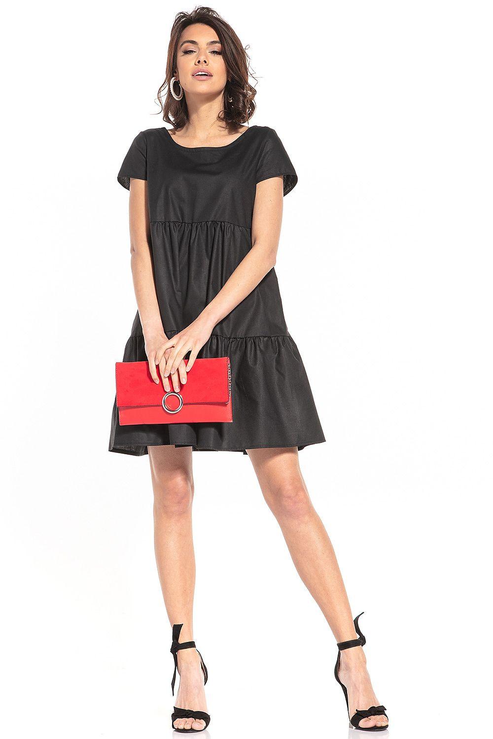 Black short-sleeve tiered daydress with square neckline and gathered skirt