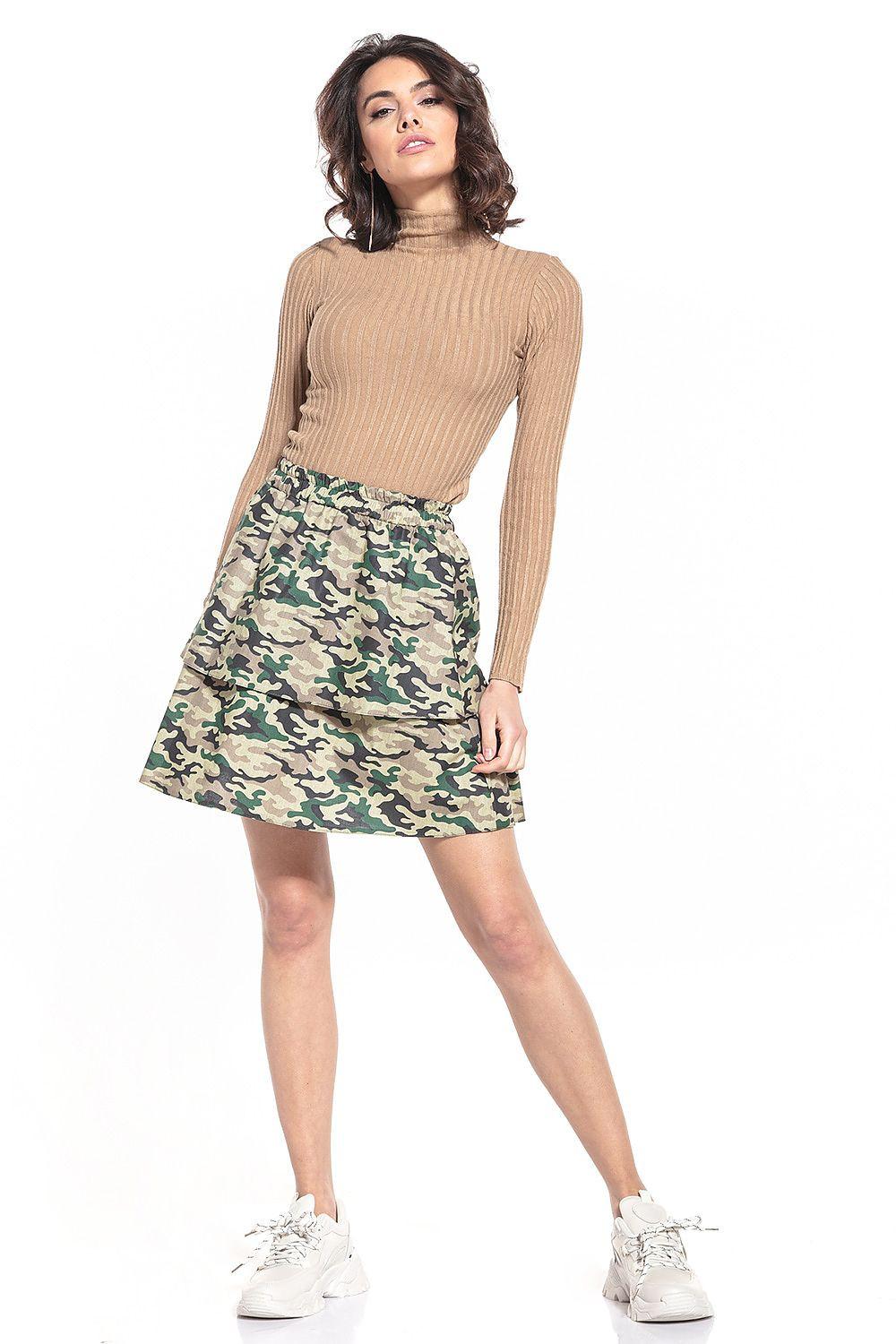 Short skirt with green camouflage print, flared A-line hem.