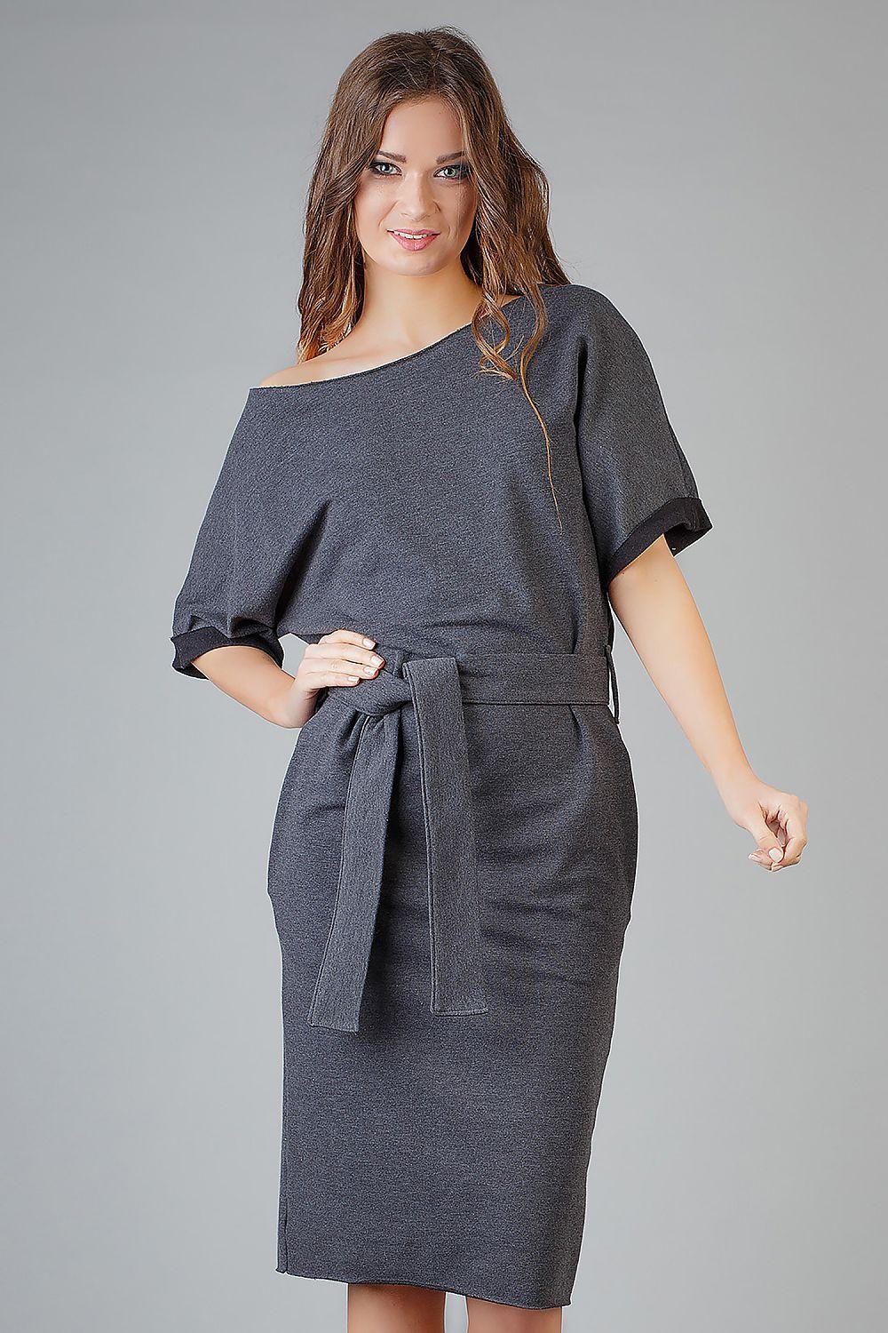 Grey daydress with tie belt, short wide sleeves and round neckline