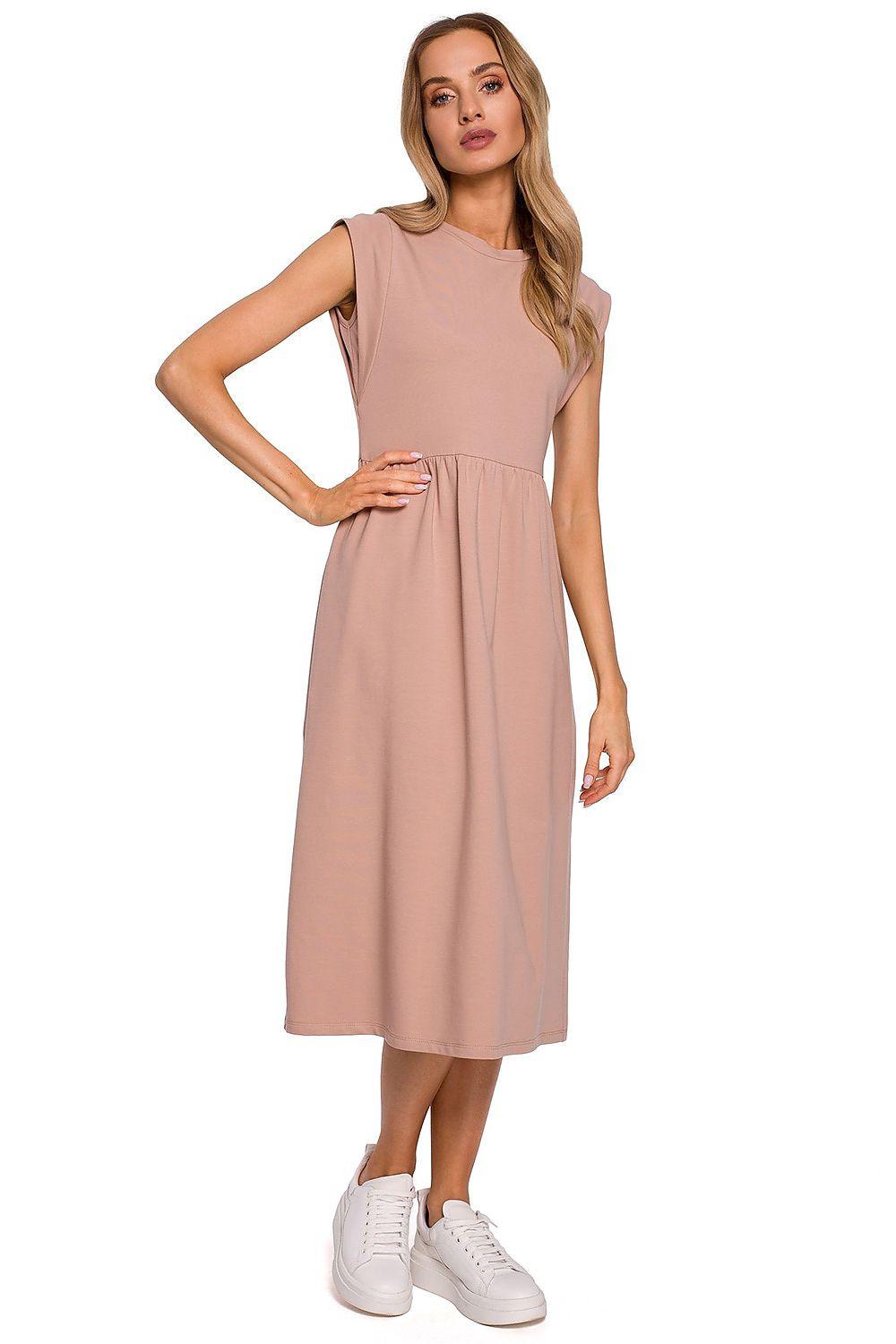 Beige sleeveless midi daydress with gathered waist, round neck