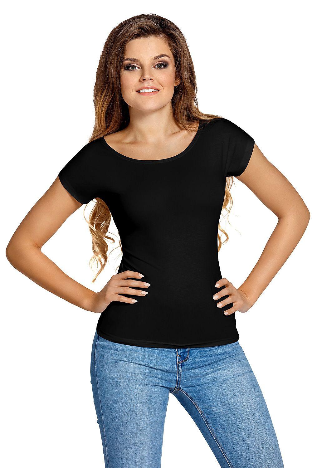 Black short-sleeve blouse with scoop neckline, fitted knit top