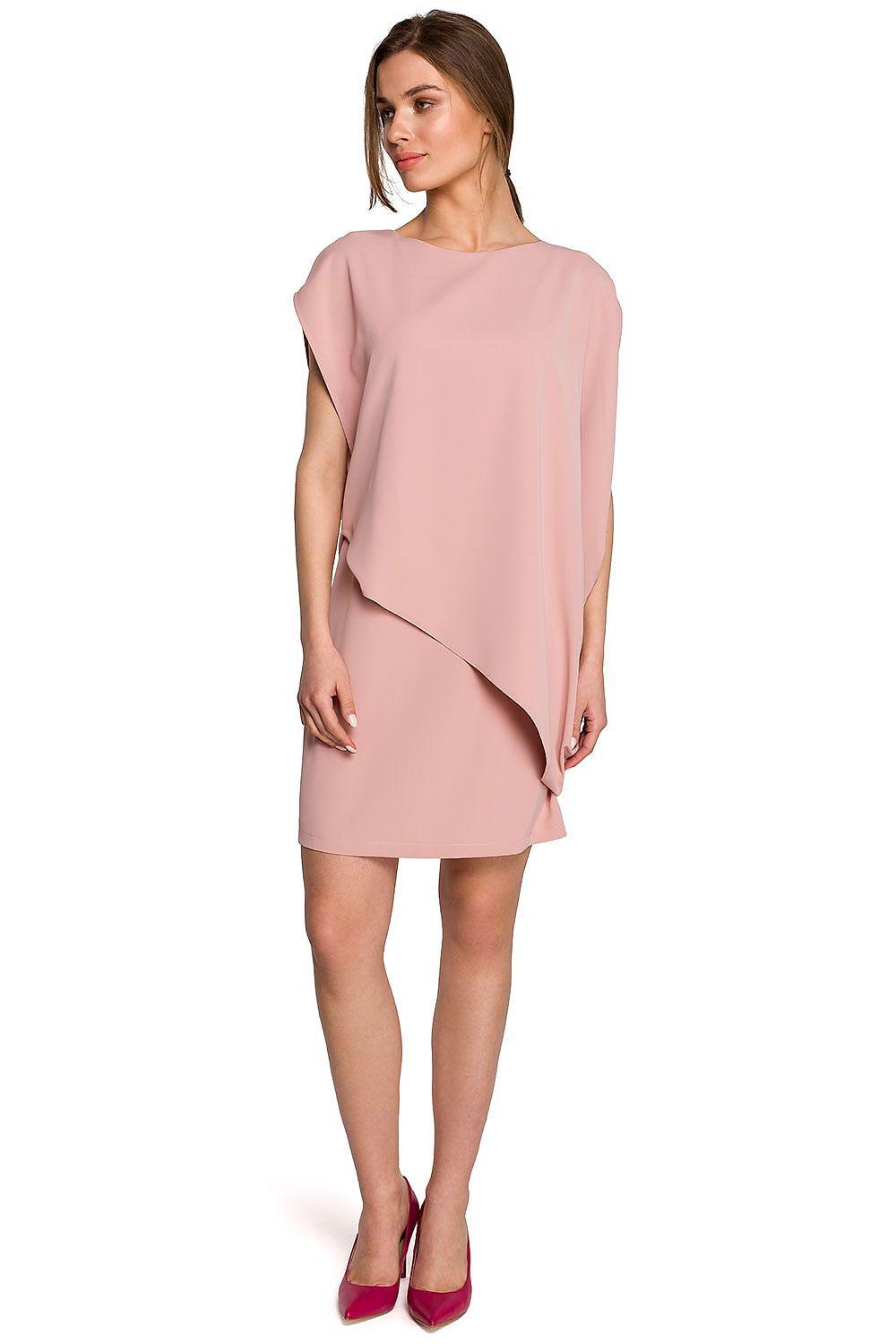 Blush pink sleeveless daydress with layered drape and asymmetrical hem