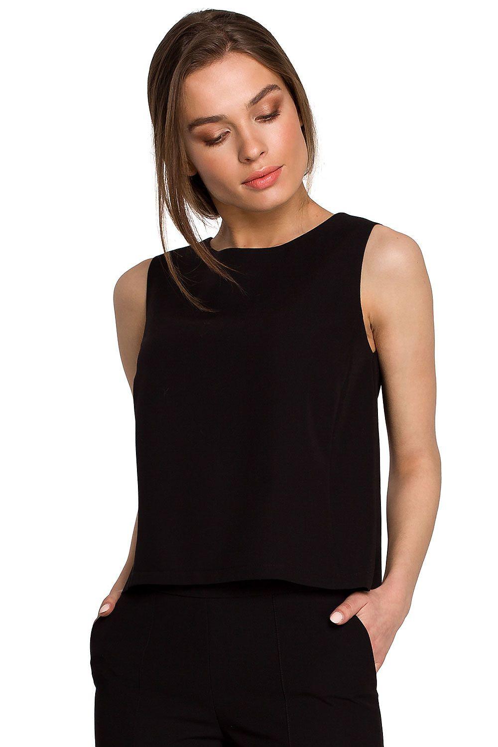 Black sleeveless trapeze blouse with round neckline
