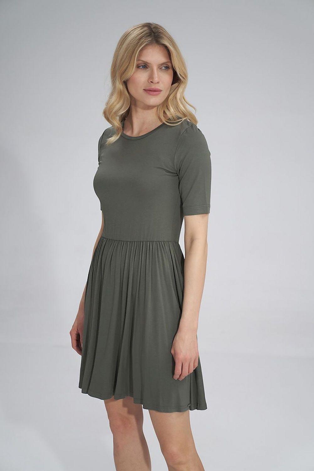 Figl day dress in olive green, short sleeves, gathered waist, pleated knee-length skirt