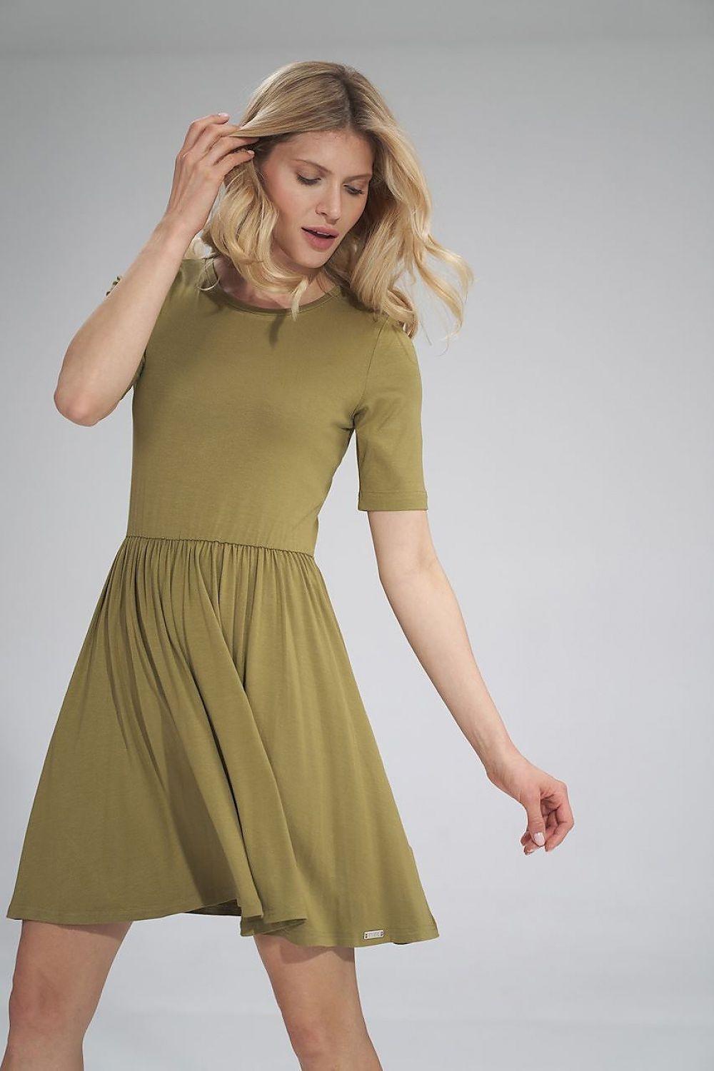 Figl daydress, green short-sleeve with round neck and gathered waist flared skirt