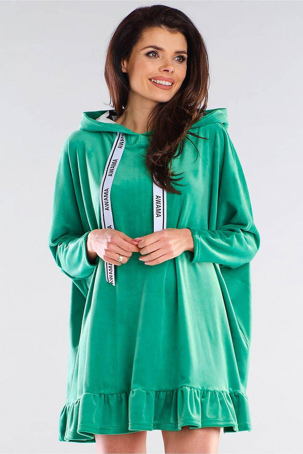 Green hooded daydress with long sleeves and tiered ruffle hem