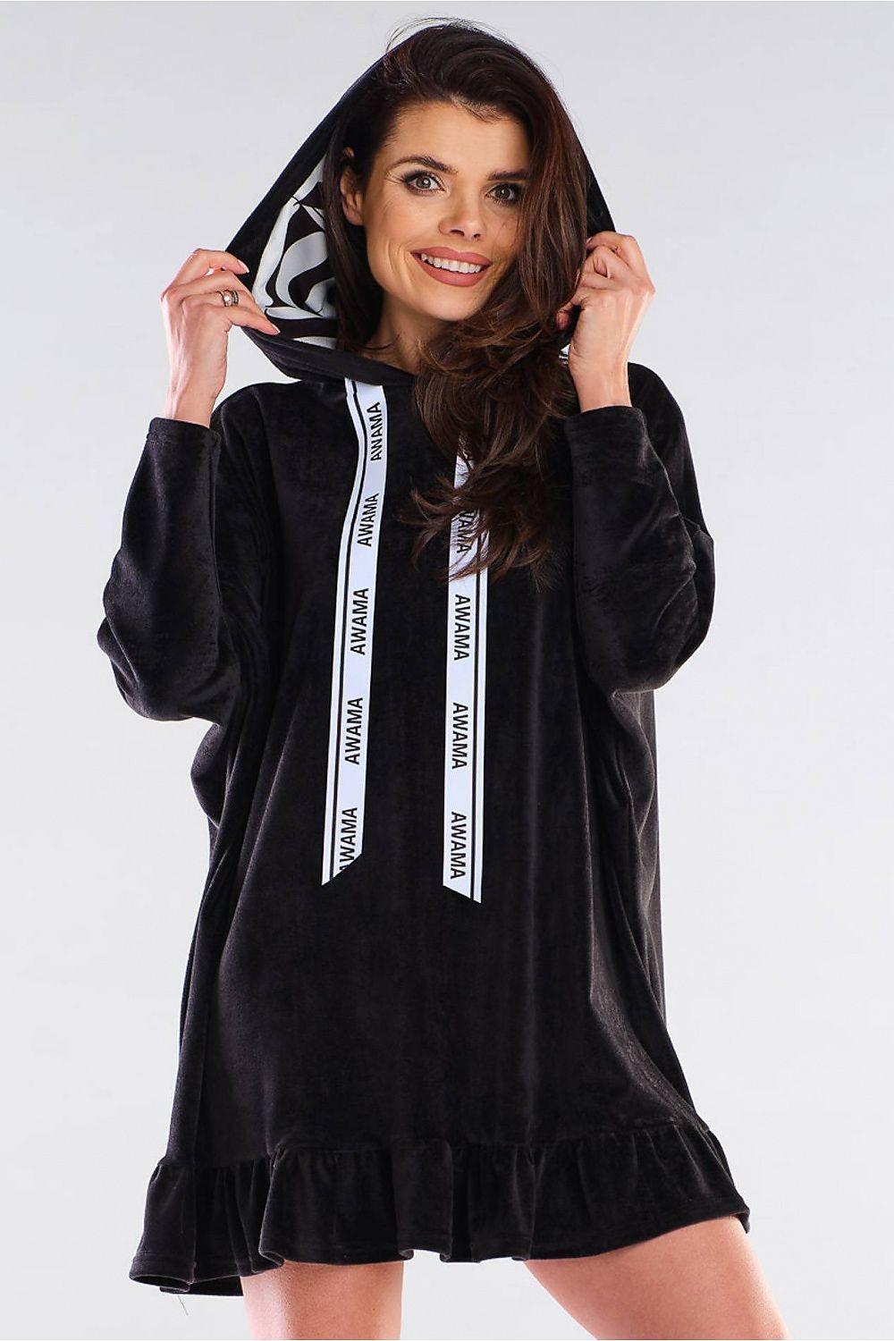 Black hoodie daydress with oversized frill hem and drawstring hood
