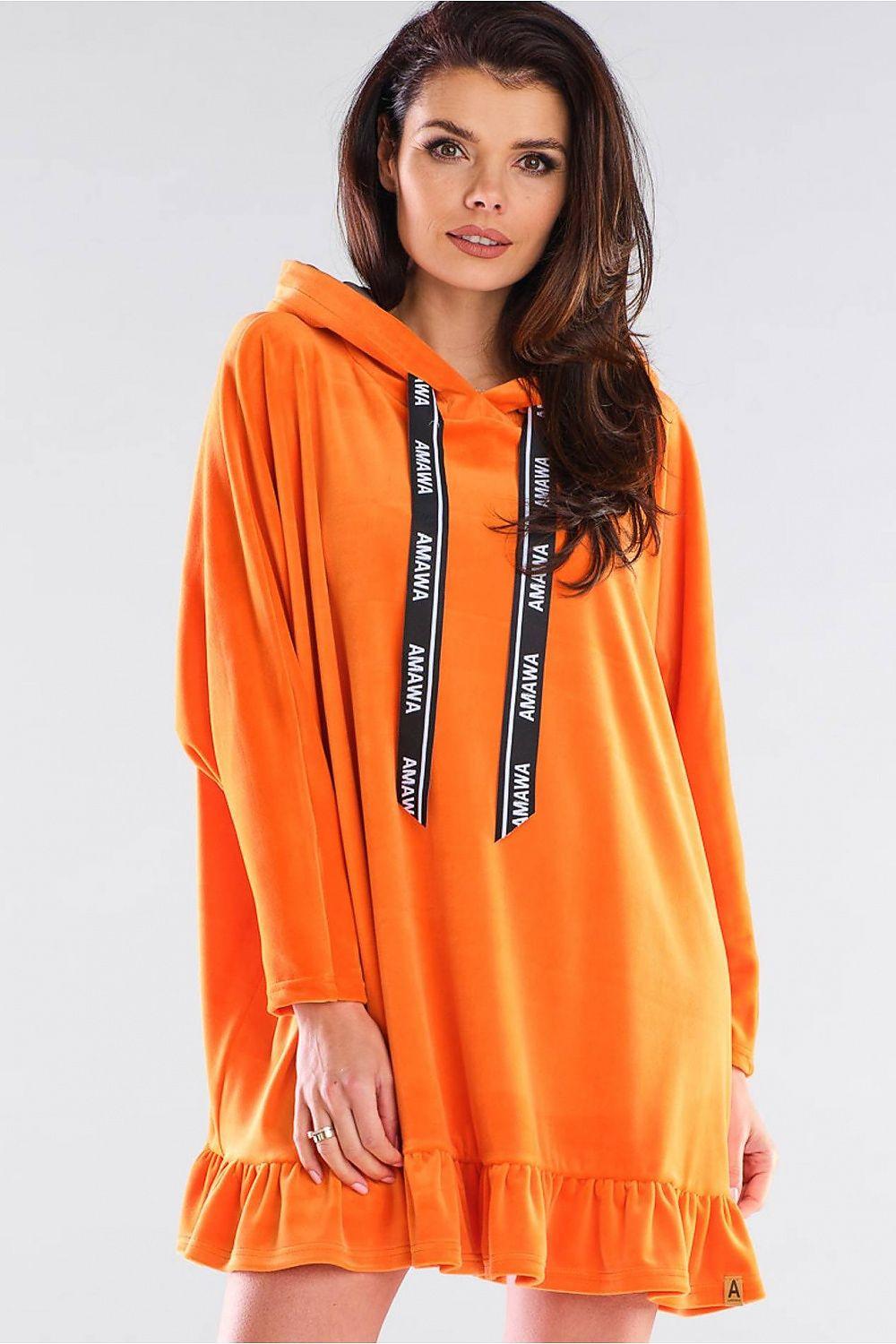 Awama orange hoodie daydress with hood, drawstring, logo print, and ruffled hem