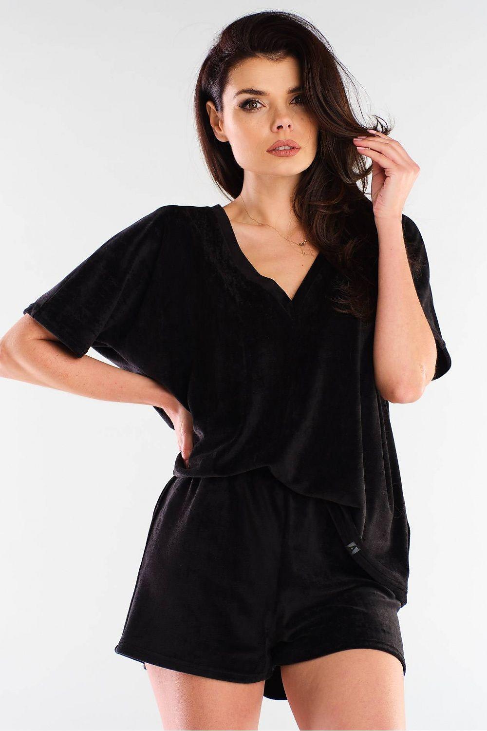 Awama black drawstring shorts with matching V-neck top