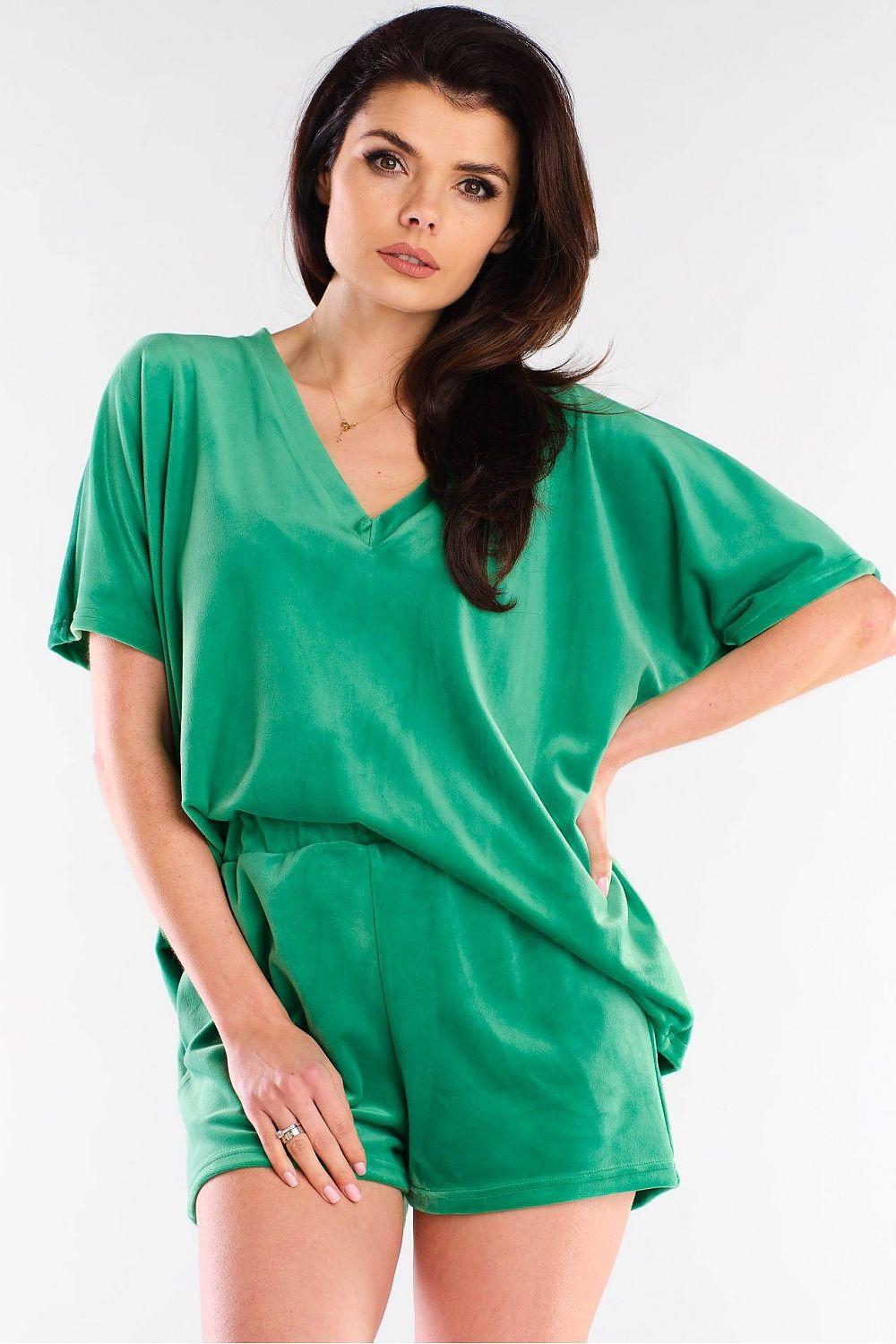 Green drawstring-waist shorts, with matching V-neck top in relaxed fit