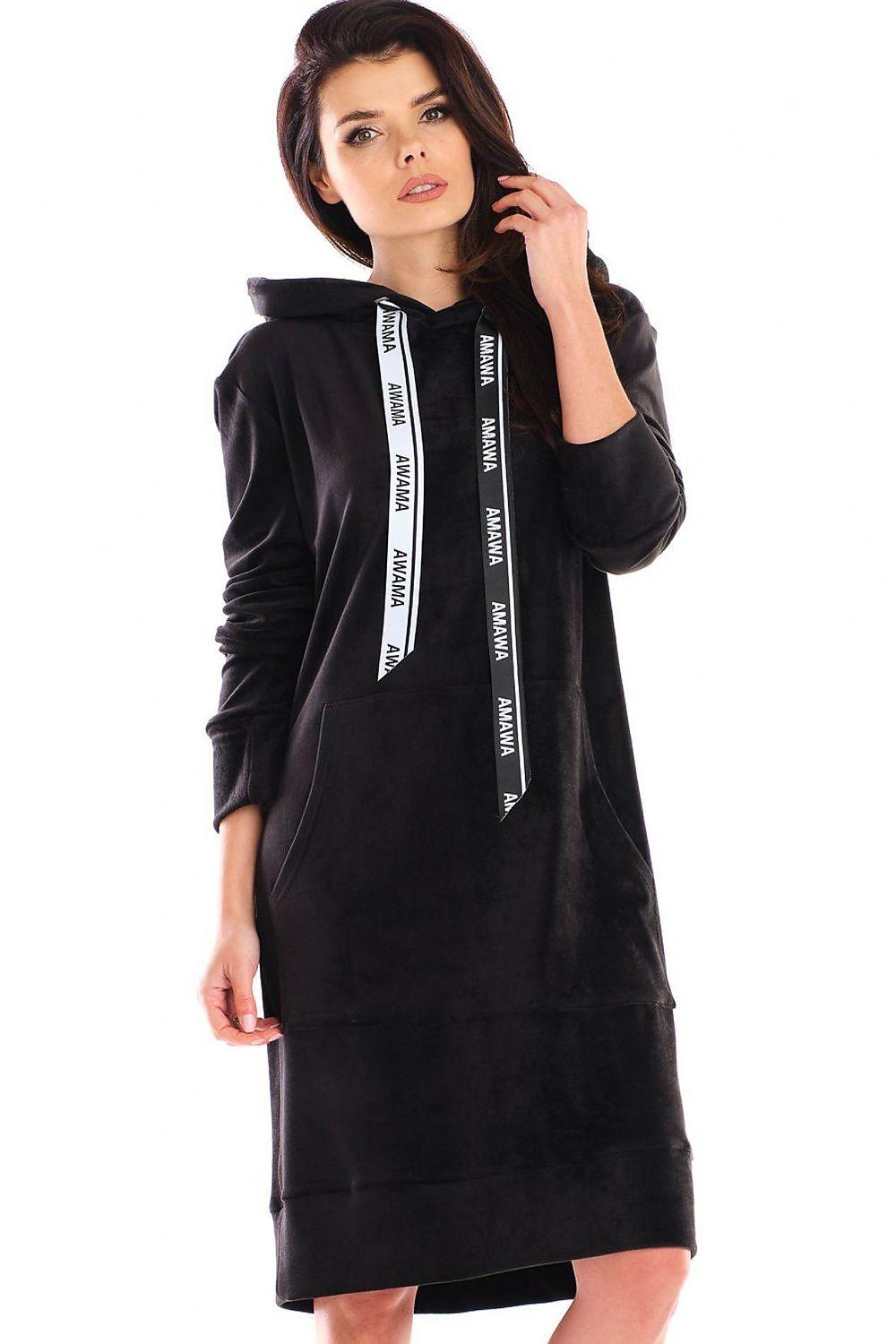 Black hooded daydress with long sleeves, front graphic stripe detail, mid-calf length