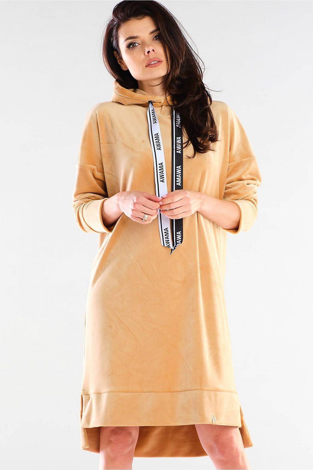 Beige hooded daydress with long sleeves and drawstring ribbon, straight hem.