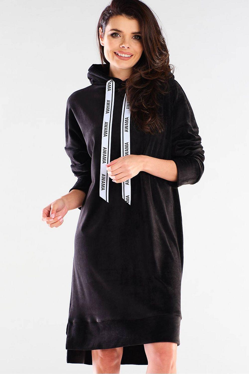Black hooded daydress with white striped drawstring placket and long sleeves