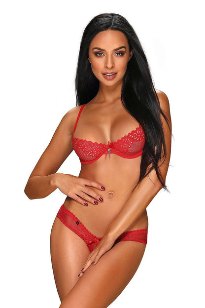 Red lace lingerie set with underwire bra and matching sheer panties