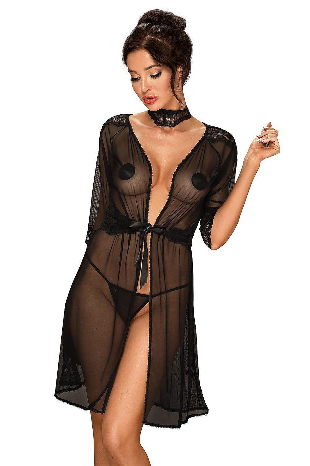 Black sheer lingerie babydoll set with tie-front robe and matching choker