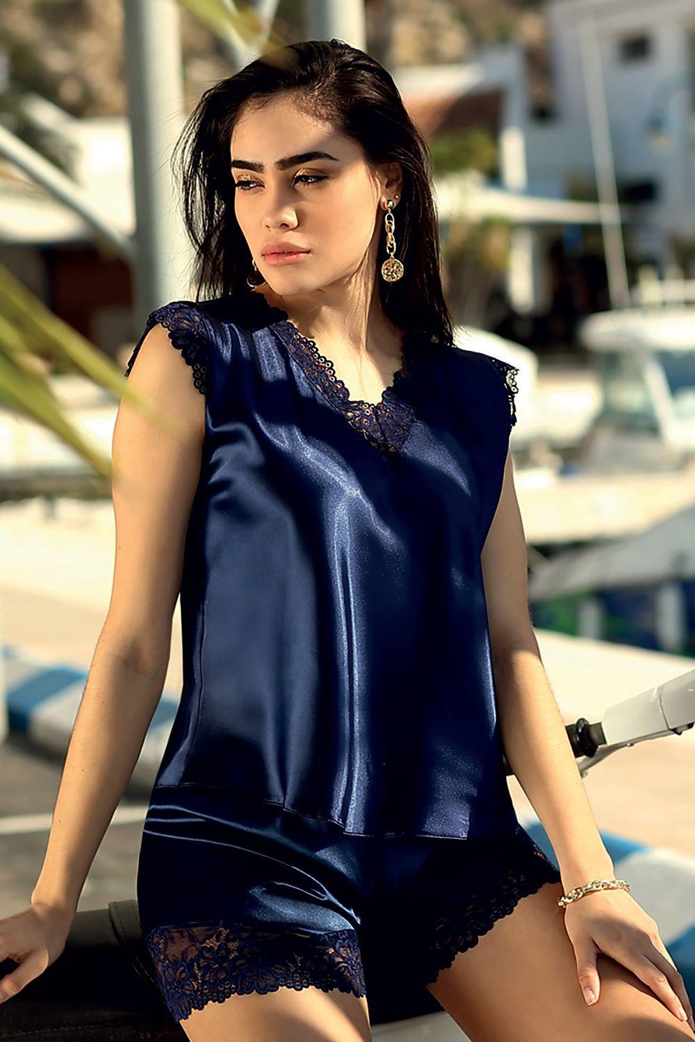 DKaren navy blue satin sexy set with lace trim camisole and matching shorts