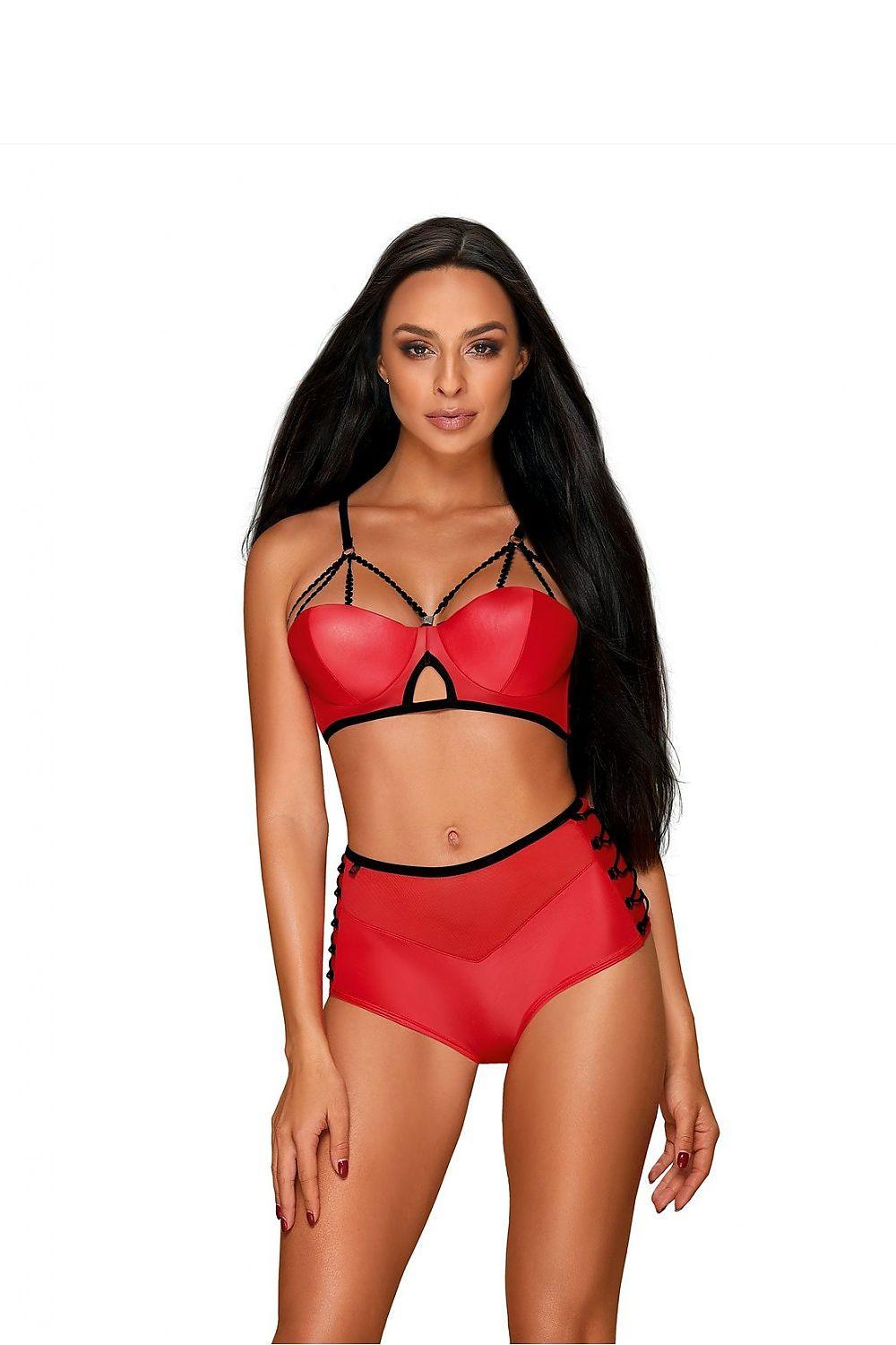 Red lingerie set with underwire bra and matching lace-trim panties