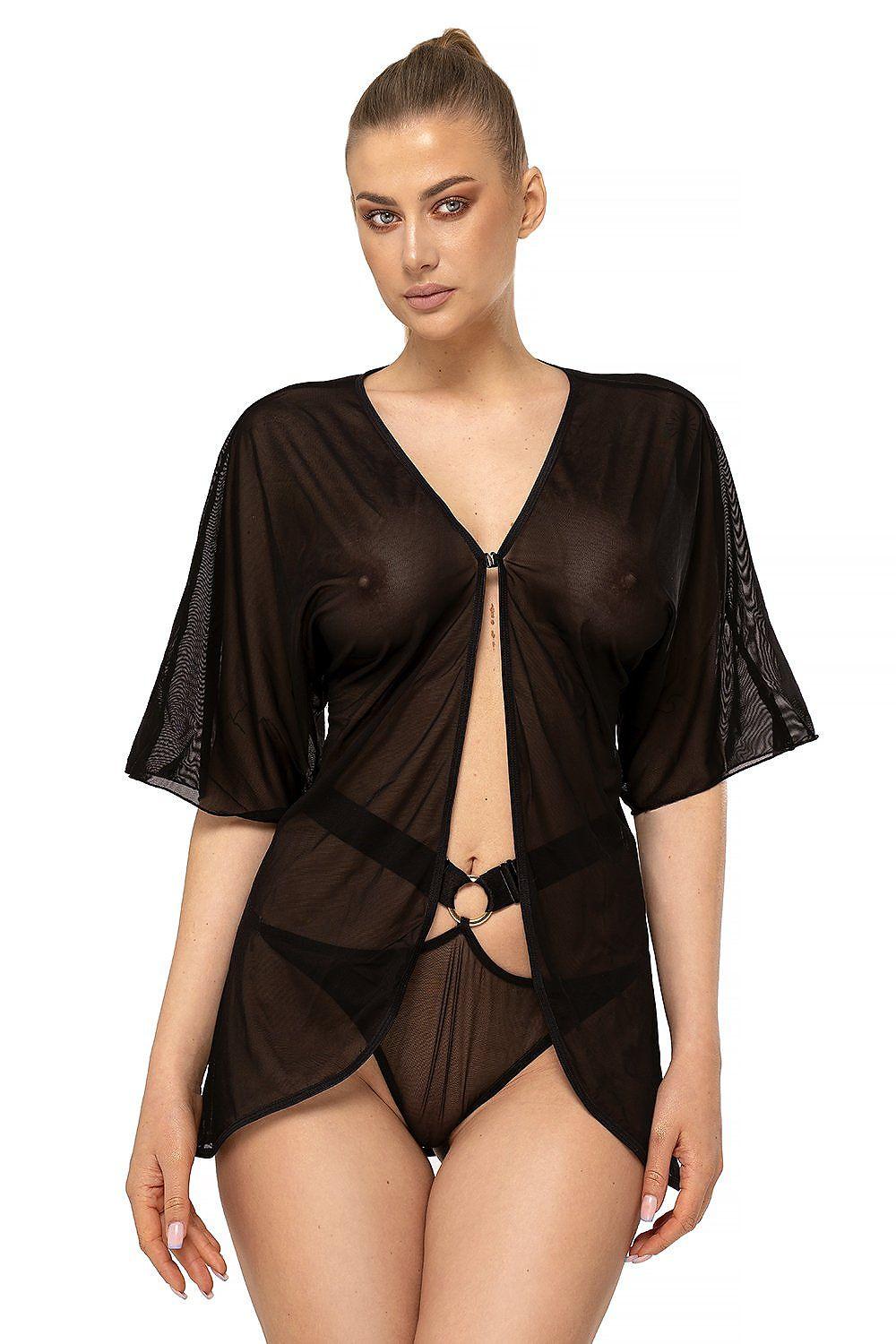 Black sheer lingerie shirt with V-neck, short sleeves, keyhole front and cutout waist
