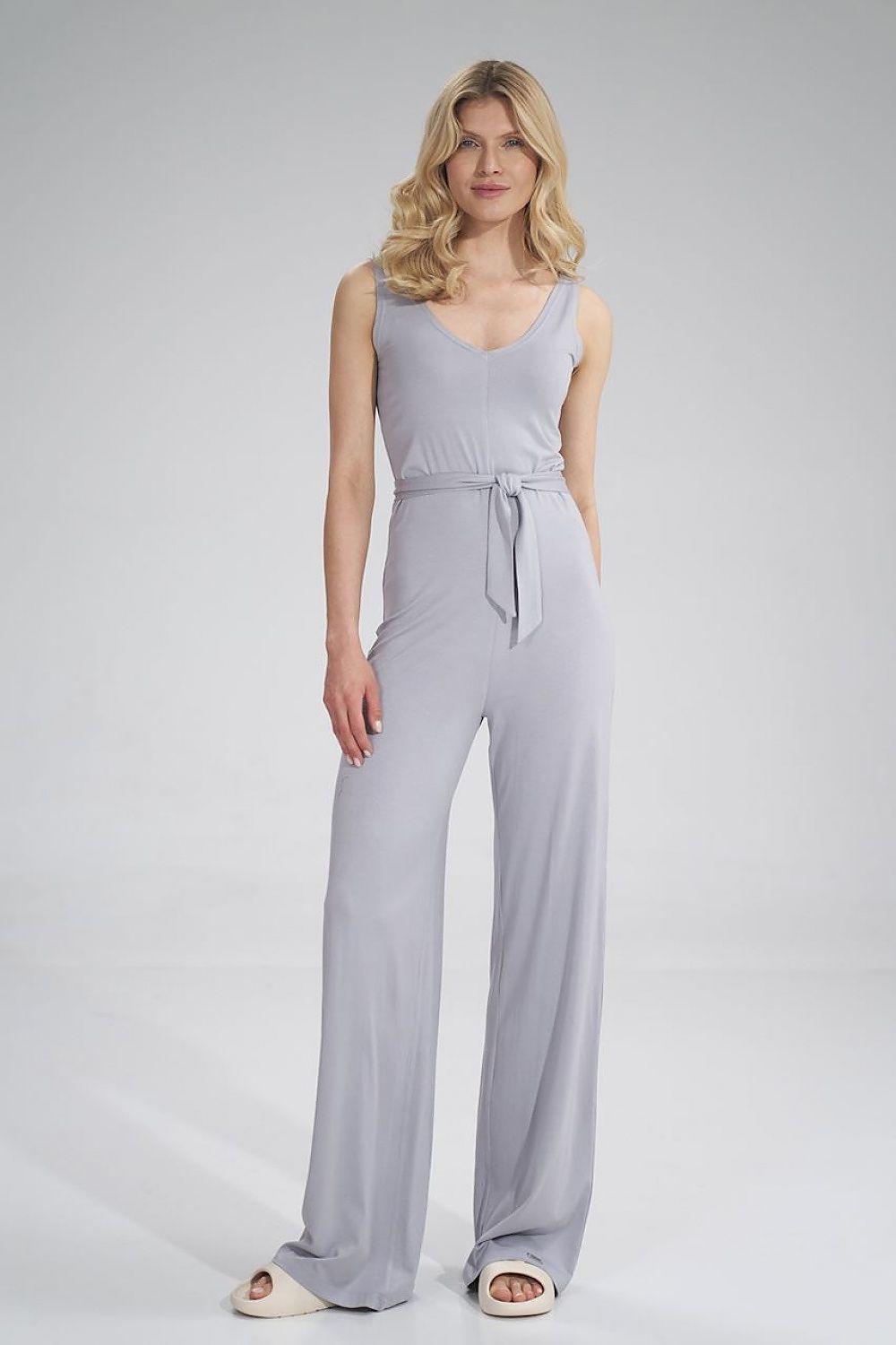 Light grey sleeveless V-neck wide-leg jumpsuit with waist tie and gathered waist