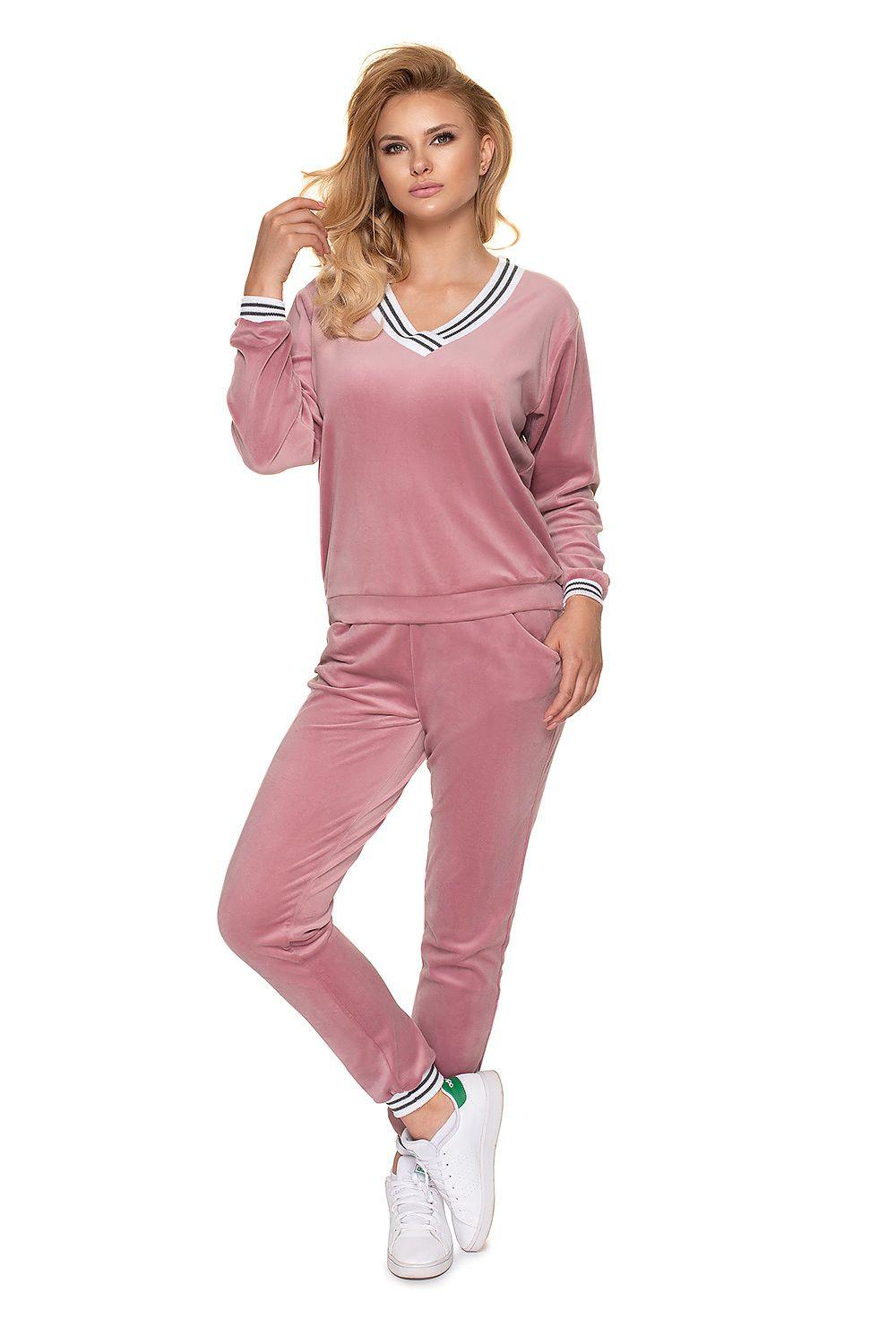 Pink velour tracksuit set with contrasting white piping and striped cuffs