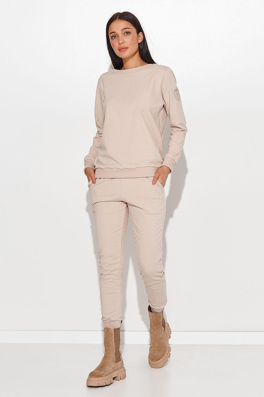 Beige cotton knit top and jogger pants set, crew neck and long sleeves