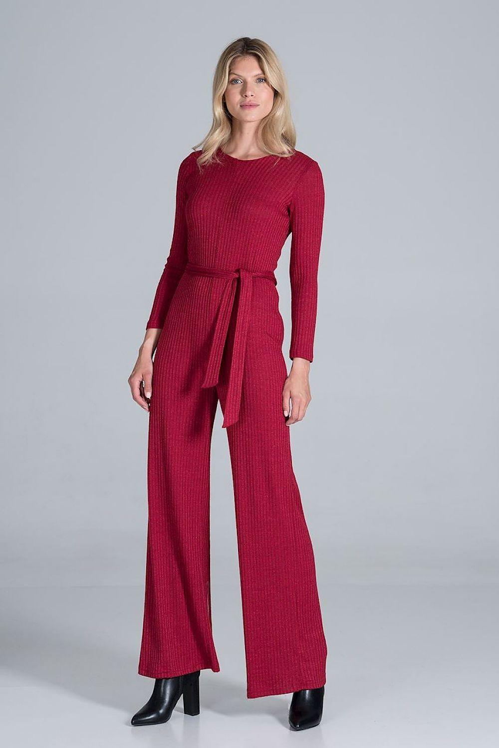 Red long-sleeve jumpsuit with crew neck, tied waist belt, wide-leg pants, textured fabric