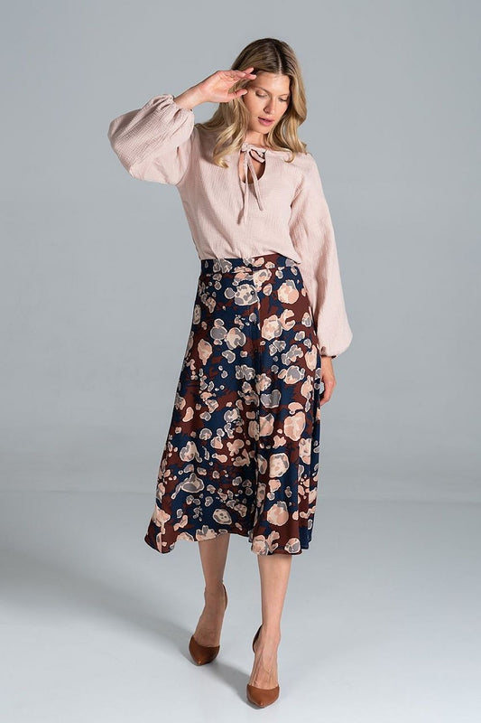 Floral midi button-front trapeze skirt, navy with peach flowers