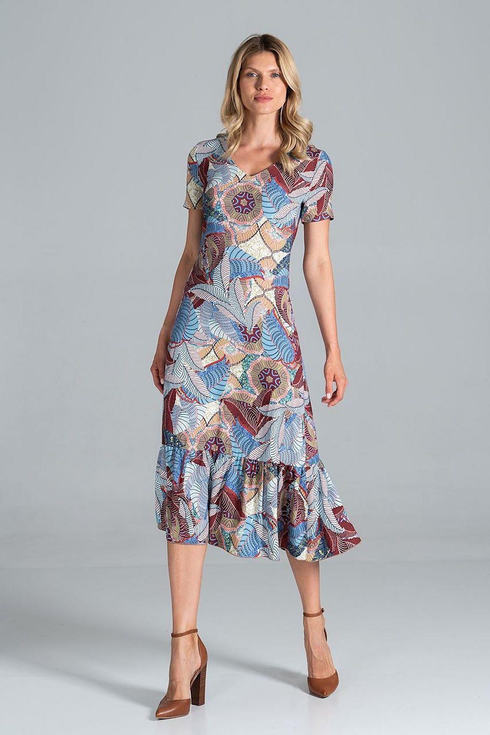 Figl daydress model 157502, multicolor printed dress with short sleeves and tiered hem.