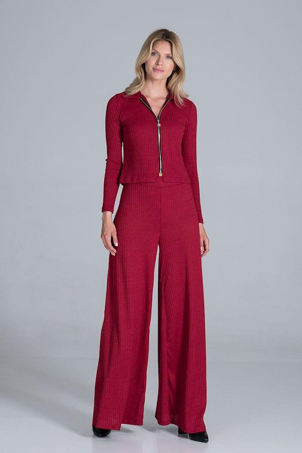 Red ribbed knit wide-leg trousers with front zip