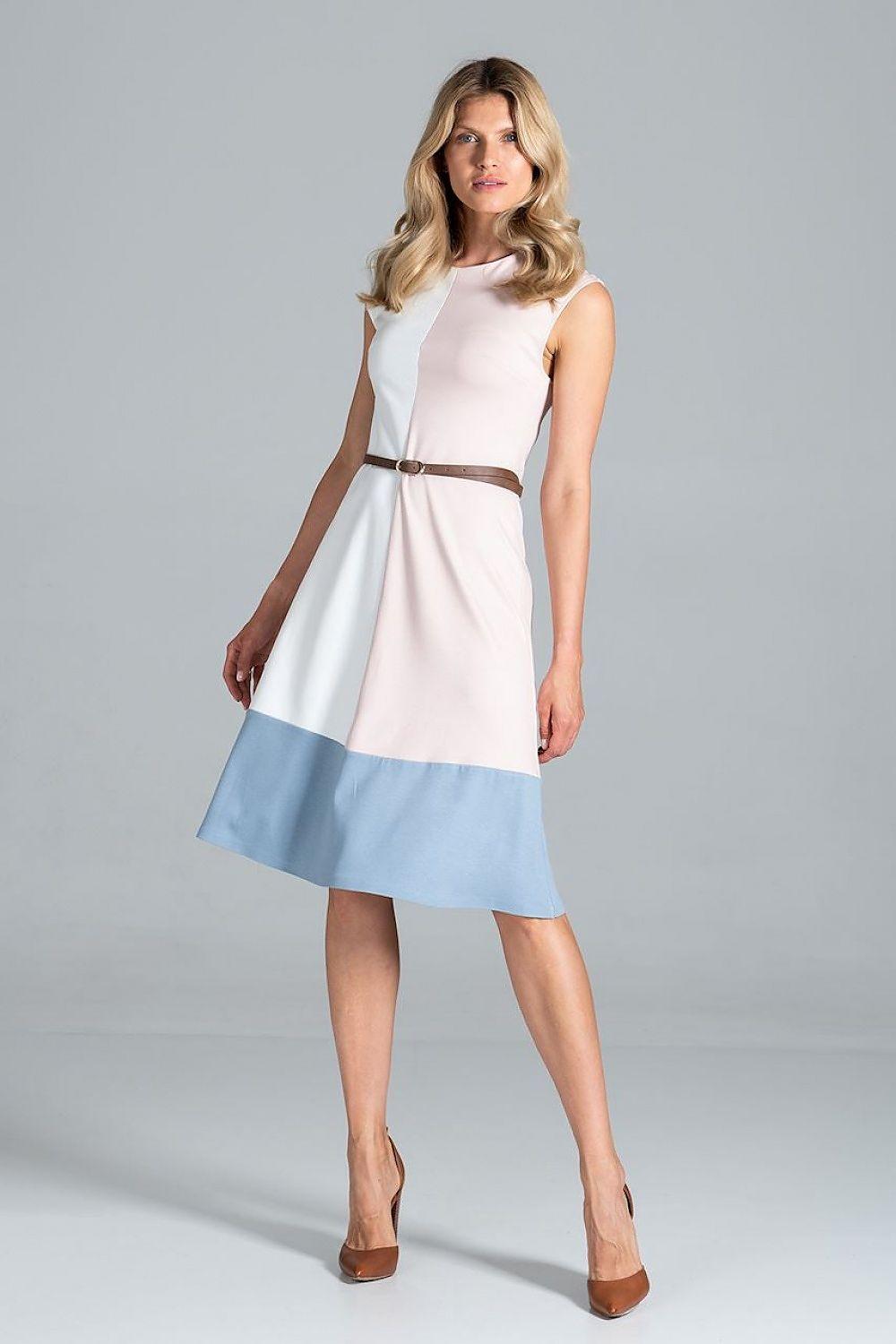 Figl sleeveless daydress, white with blue hem, belted waist