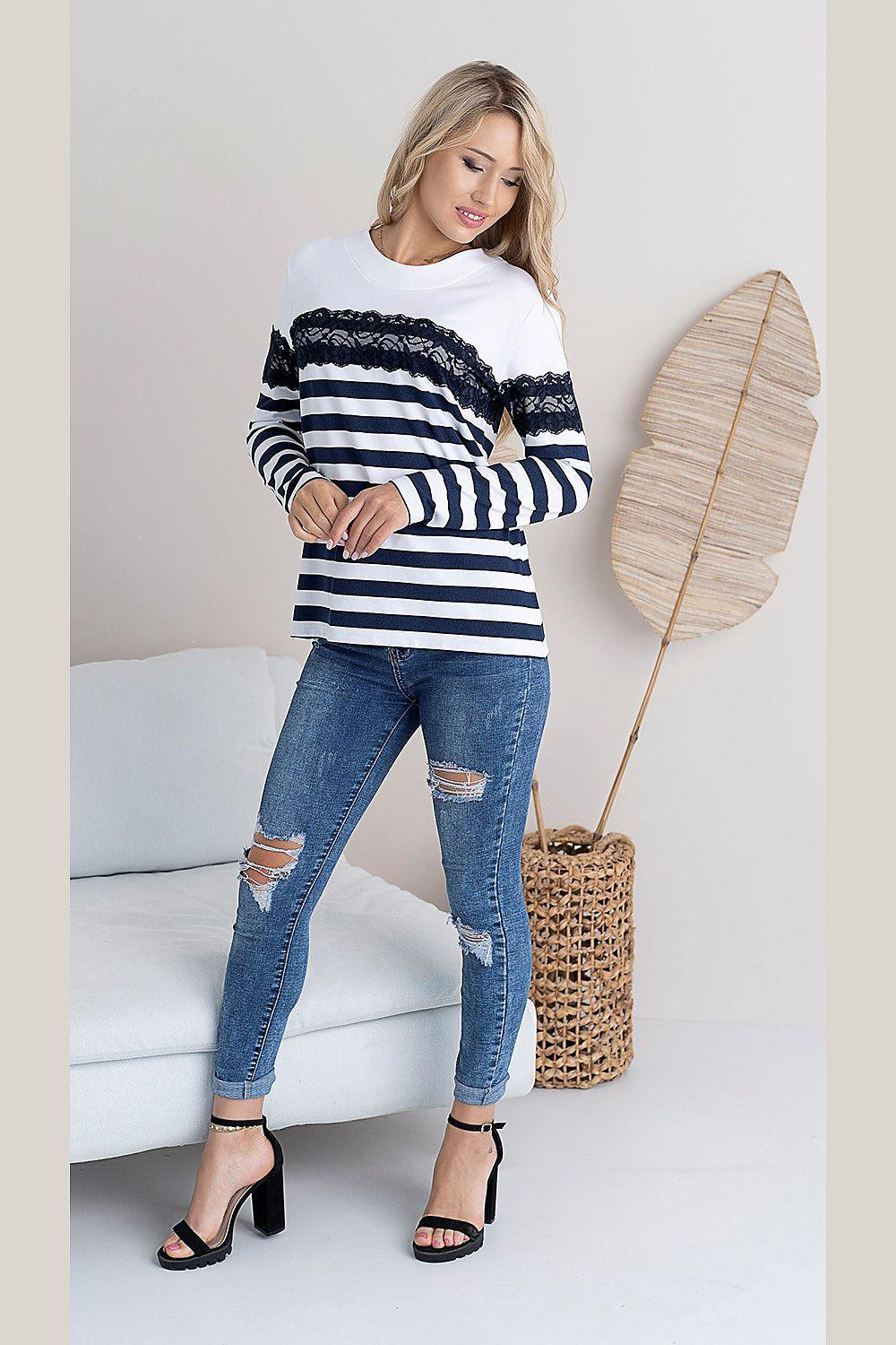 Navy and white striped lace long-sleeve blouse with ruffled neckline