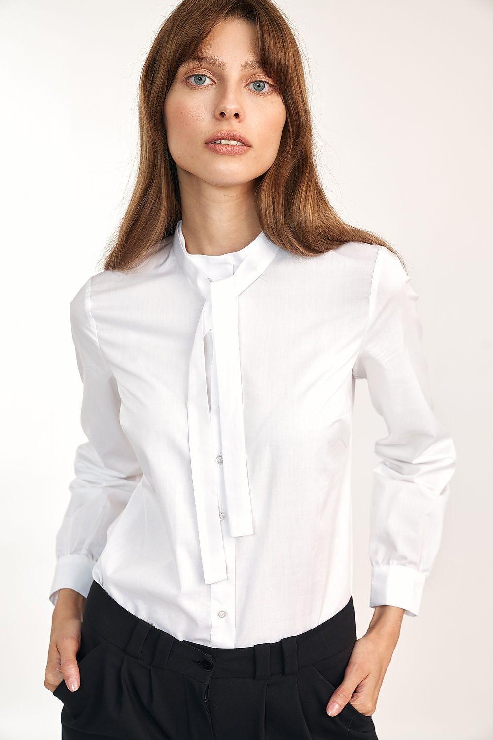 White long-sleeve shirt with bow tie neck and button placket