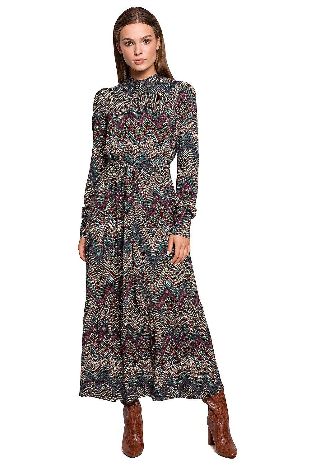 Women's multicolor zigzag daydress, long sleeves, belted waist, midi length