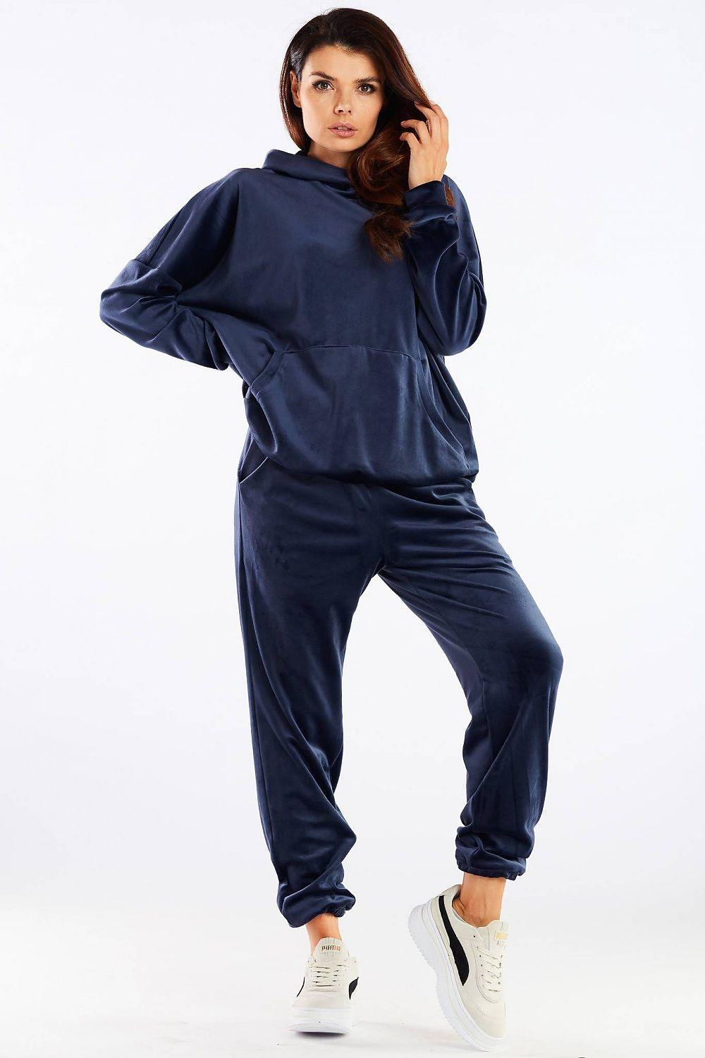Navy blue tracksuit jogger trousers with cuffed ankles and drawstring waistband