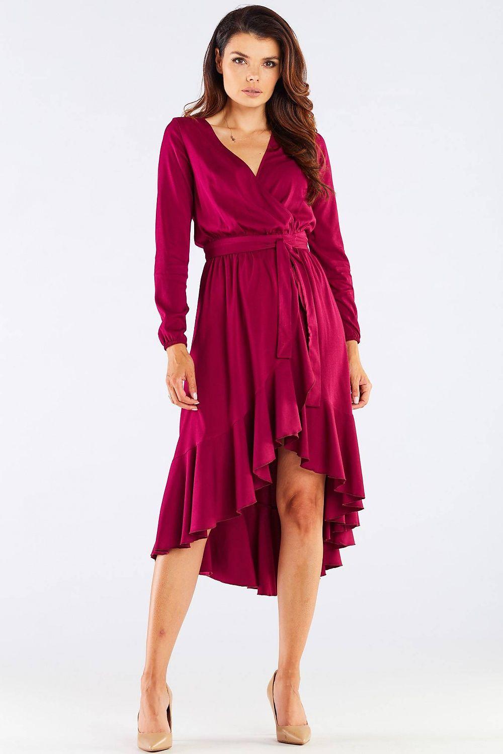 Awama red cocktail dress, V-neck, long sleeves, waist tie, ruffled asymmetrical hem
