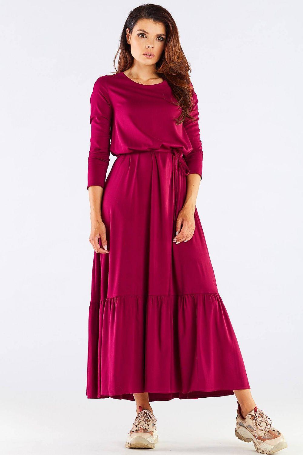 Red long-sleeve tiered daydress with tie waist and gathered ruffle hem