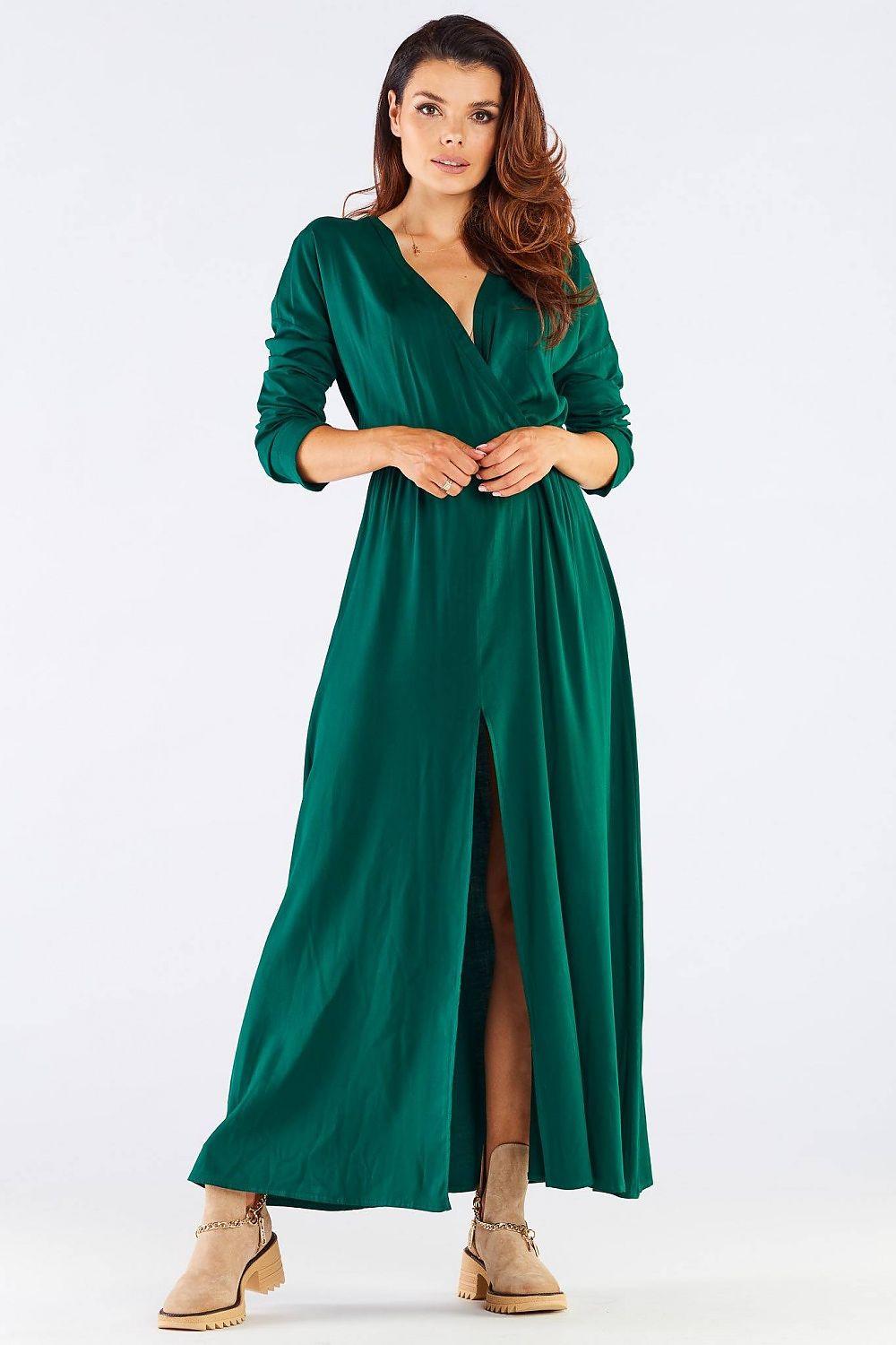 Green maxi daydress by awama, V-neck wrap design with long sleeves and side slit
