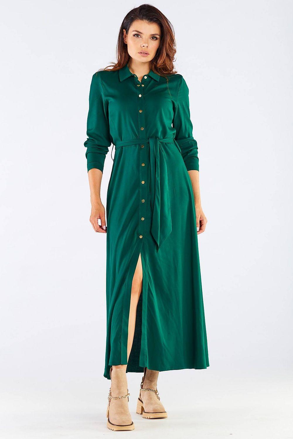 Green shirt-style day dress with button front, tied waist belt, long sleeves