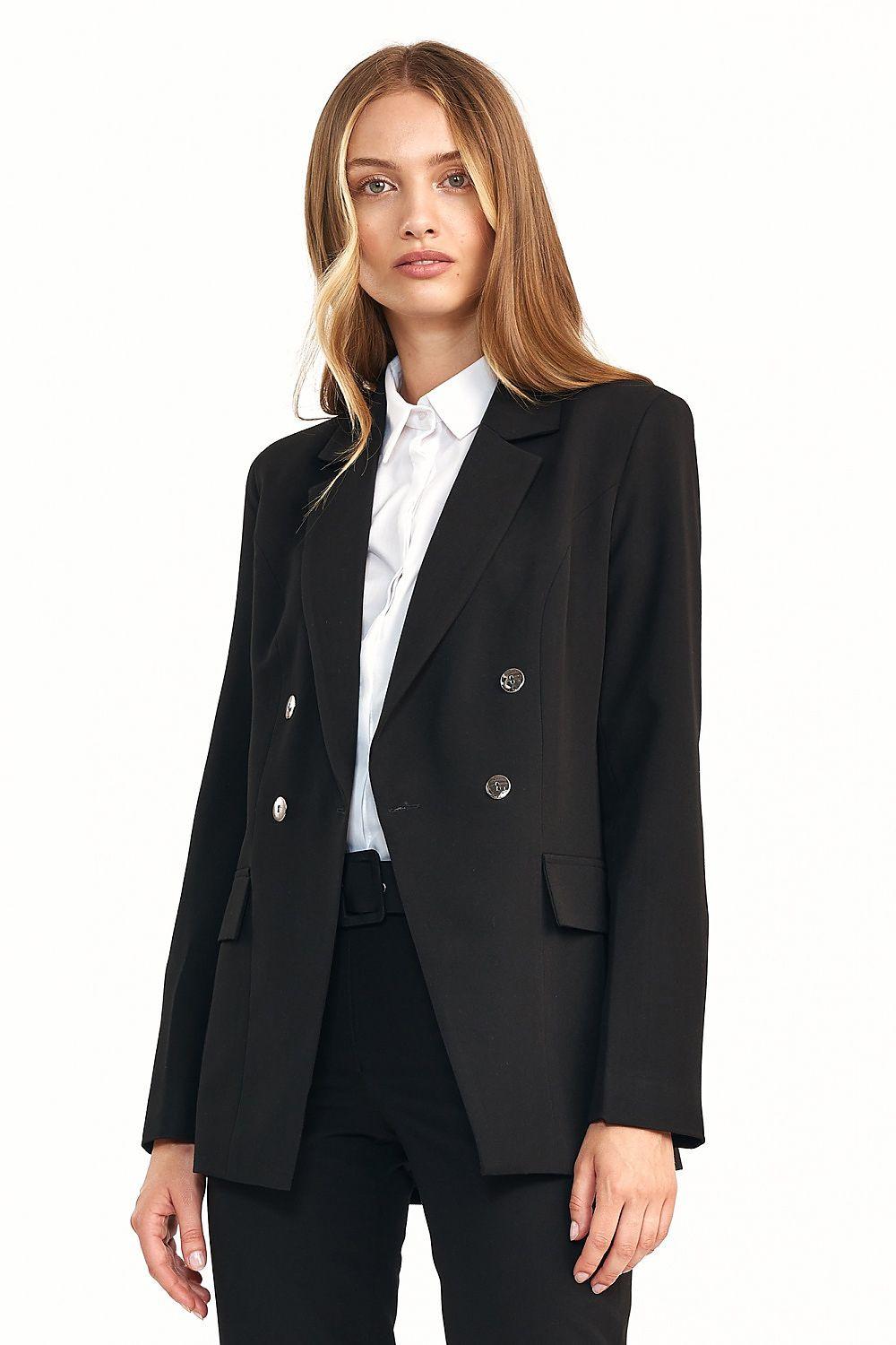 Black double-breasted blazer jacket with notched lapels, long sleeves, flap pockets.