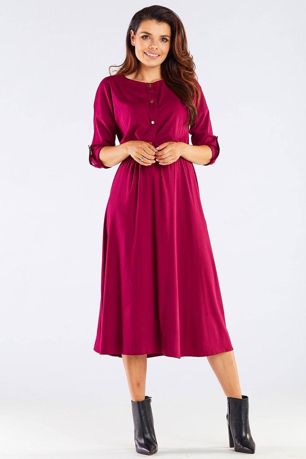 Red button-front midi day dress with gathered waist, 3/4 sleeves